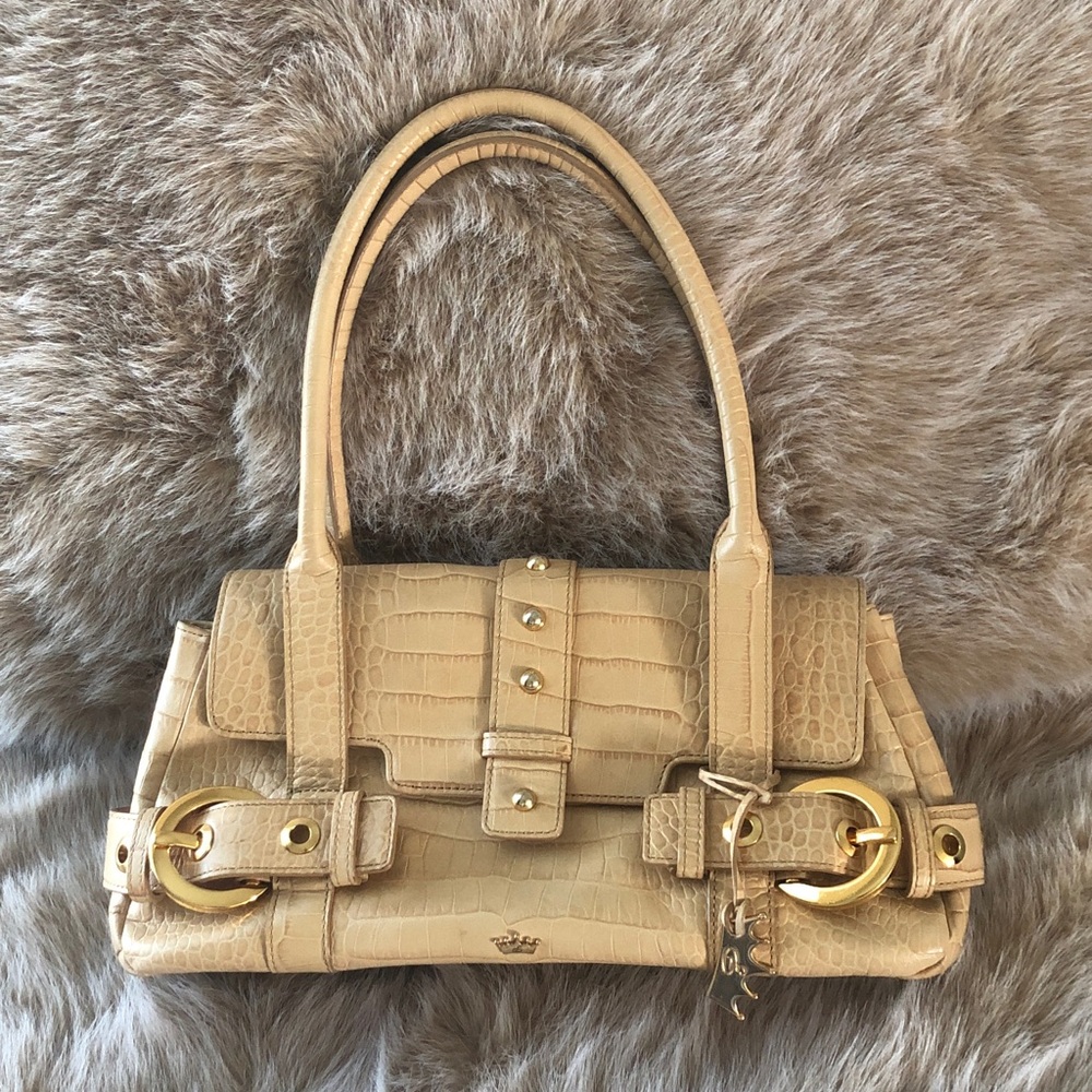 Elaine Turner beige Croc-Embossed Leather Shoulder Bag Satchel Gold Hardware